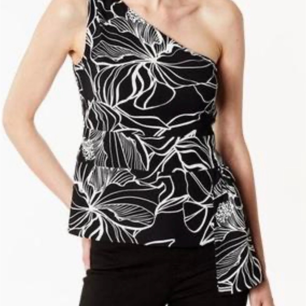 Karen Millen Monochrome Floral One-Shoulder Blouse Size 10
